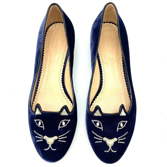 Charlotte Olympia Kitty Cat Navy Blue Velvet Flats Loafers Gold, EU 39 US 8.5-9 - Picture 4 of 12